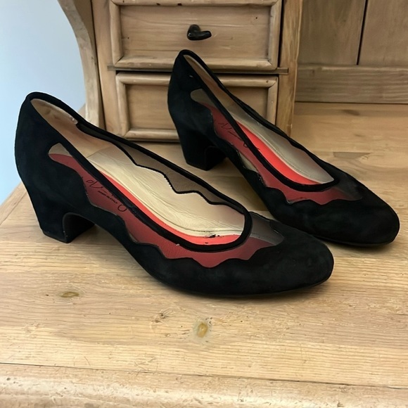 Pas De Rouge Pumps Suede Leather Lining Italian Black Size 40/10 Covered Heel - Picture 1 of 10